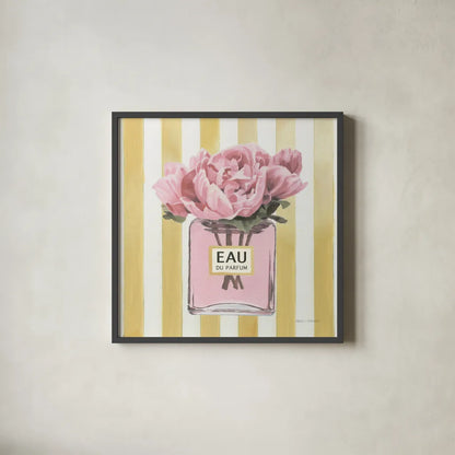 Simply Splendid Perfume by Marco Fabiano. Shown in a sleek black glass frame for a contemporary gallery look. Available as an archival giclee rolled canvas, fine art paper, or poster print. SKU 69126a.