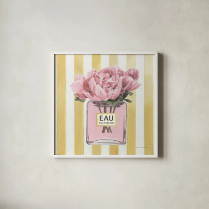 Simply Splendid Perfume by Marco Fabiano. Shown in a crisp white glass frame for a clean and minimalist style. Available as an archival giclee rolled canvas, fine art paper, or poster print. SKU 69126a.