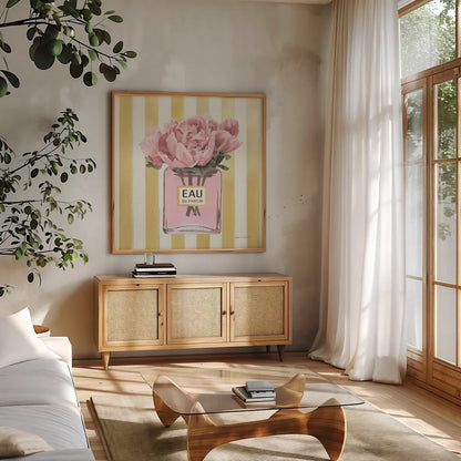 Simply Splendid Perfume by Marco Fabiano. Shown in a natural wood frame in a cozy modern living room. Available as an archival giclee rolled canvas, fine art paper, or poster print. SKU 69126a.