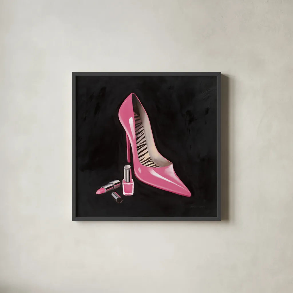 The Pink Shoe I Crop by Marco Fabiano. Shown in a sleek black glass frame for a contemporary gallery look. Available as an archival giclee rolled canvas, fine art paper, or poster print. SKU 59164a.