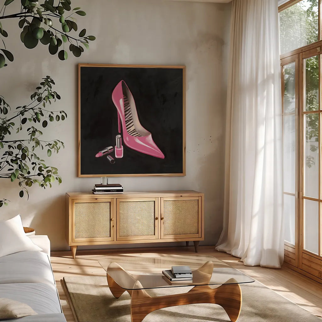 The Pink Shoe I Crop by Marco Fabiano. Shown in a natural wood frame in a cozy modern living room. Available as an archival giclee rolled canvas, fine art paper, or poster print. SKU 59164a.