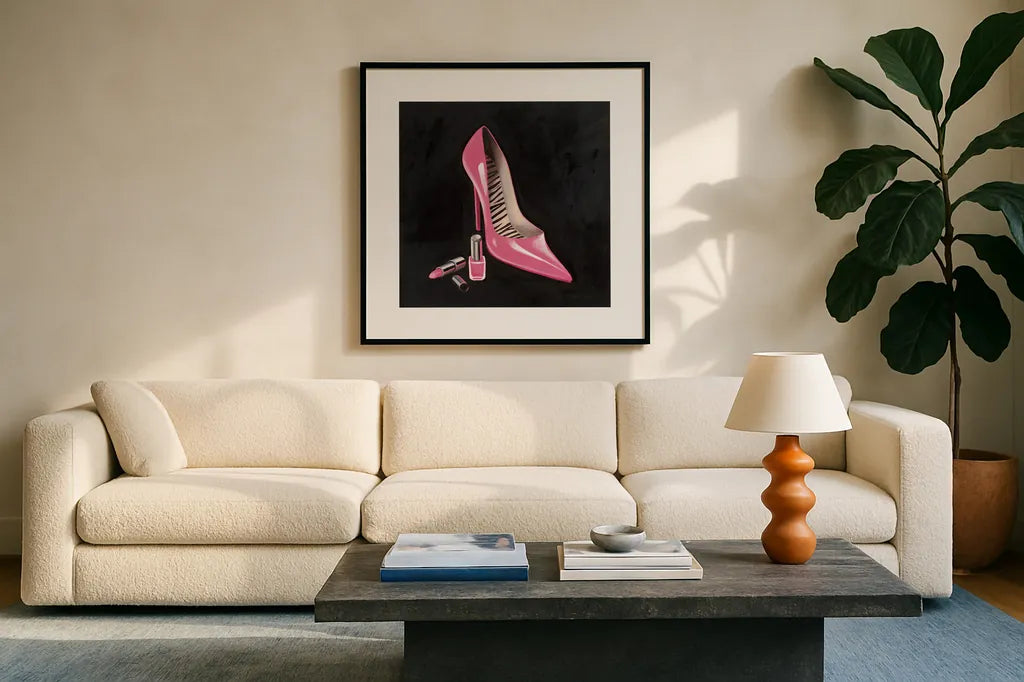 The Pink Shoe I Crop by Marco Fabiano. Displayed in a glass frame with matte in a clean modern living room. Available as an archival giclee rolled canvas, fine art paper, or poster print. SKU 59164a.