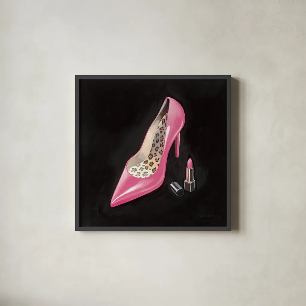The Pink Shoe II Crop by Marco Fabiano. Shown in a sleek black glass frame for a contemporary gallery look. Available as an archival giclee rolled canvas, fine art paper, or poster print. SKU 59165a.