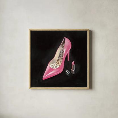 The Pink Shoe II Crop by Marco Fabiano. Shown in a natural wood glass frame for a timeless modern aesthetic. Available as an archival giclee rolled canvas, fine art paper, or poster print. SKU 59165a.