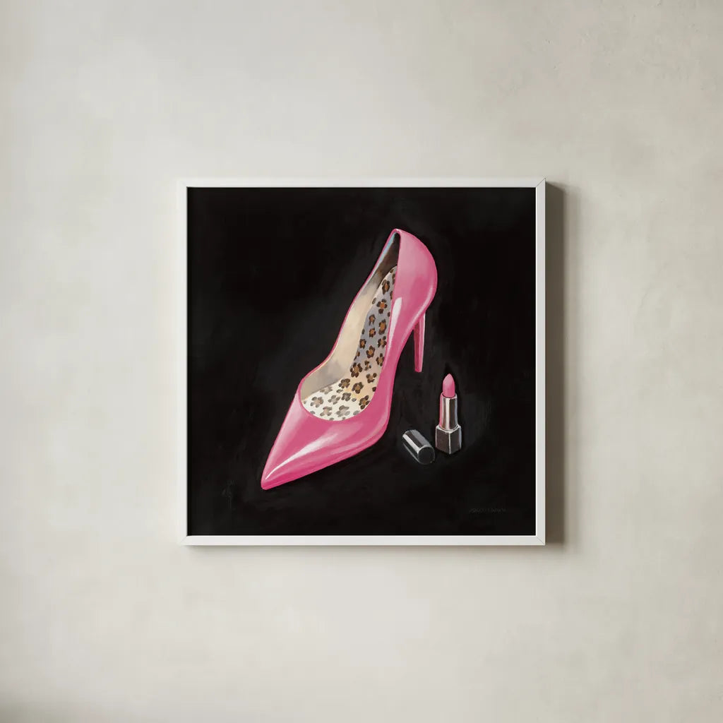 The Pink Shoe II Crop by Marco Fabiano. Shown in a crisp white glass frame for a clean and minimalist style. Available as an archival giclee rolled canvas, fine art paper, or poster print. SKU 59165a.
