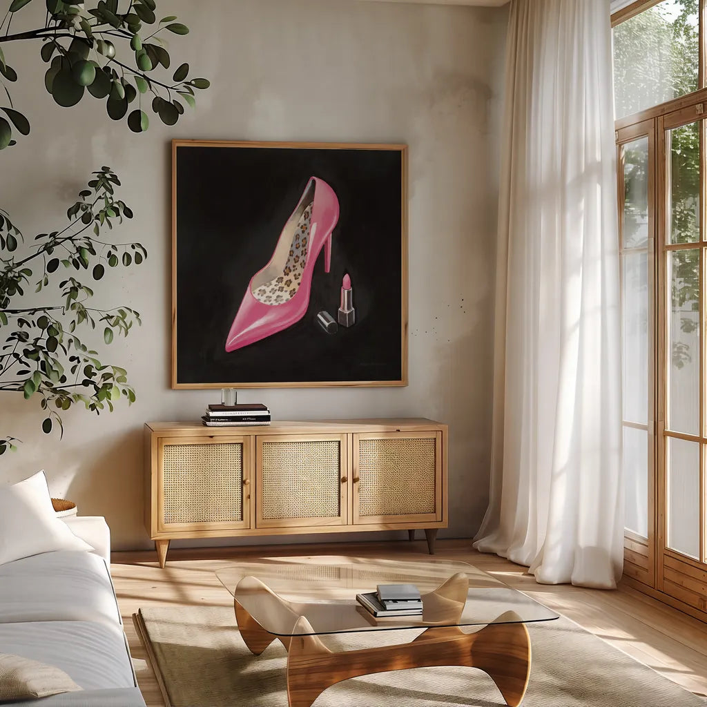 The Pink Shoe II Crop by Marco Fabiano. Shown in a natural wood frame in a cozy modern living room. Available as an archival giclee rolled canvas, fine art paper, or poster print. SKU 59165a.