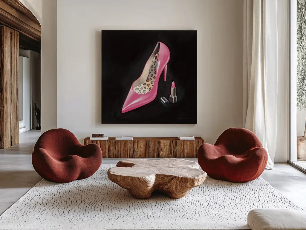 The Pink Shoe II Crop by Marco Fabiano. Shown as extra-large giant wall art in a modern living room. Available as an archival giclee rolled canvas, fine art paper, or poster print. SKU 59165a.