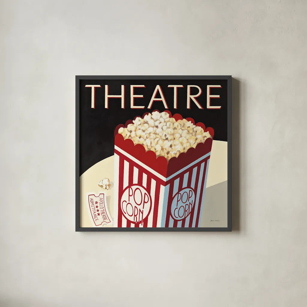Theatre by Marco Fabiano. Shown in a sleek black glass frame for a contemporary gallery look. Available as an archival giclee rolled canvas, fine art paper, or poster print. SKU 12599a.