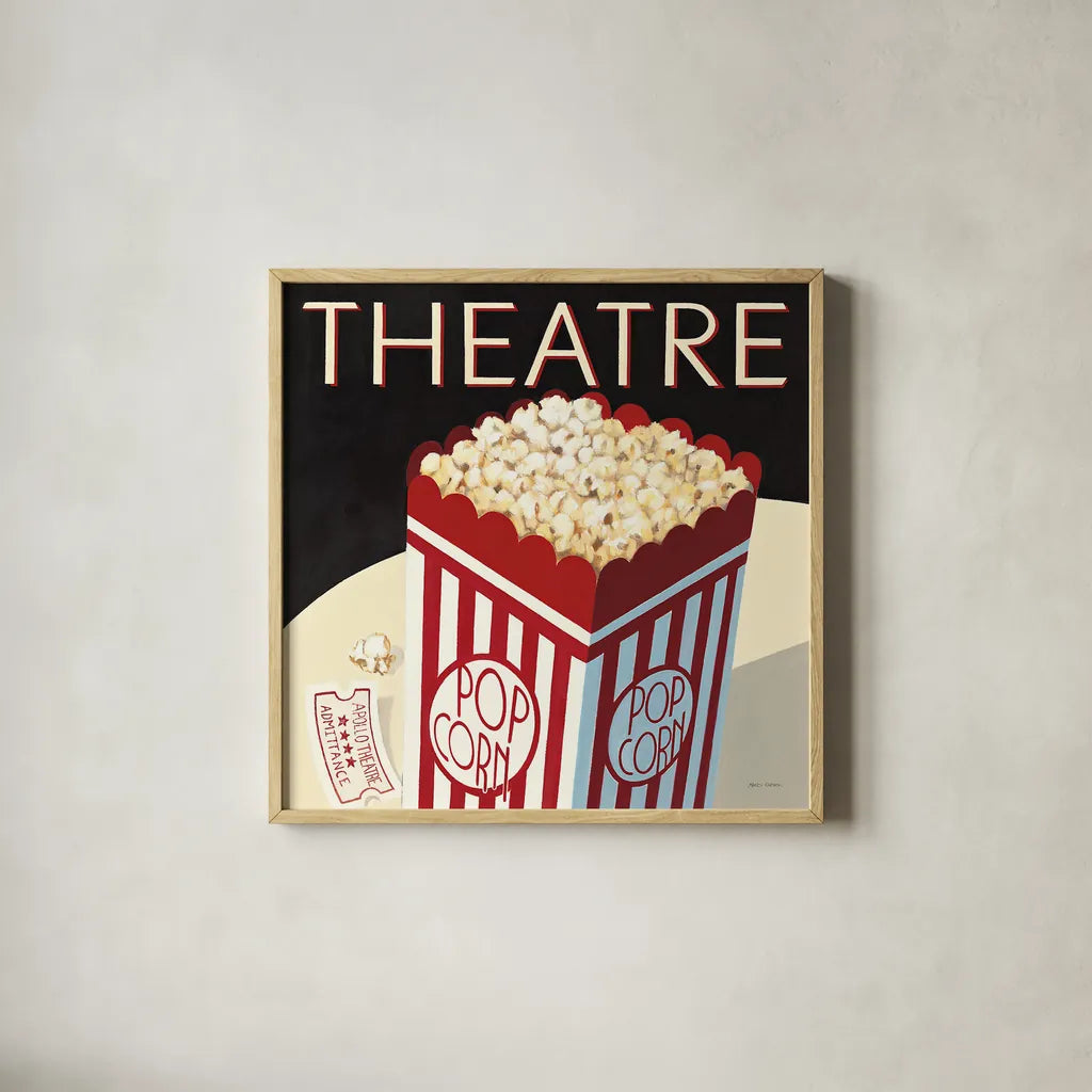 Theatre by Marco Fabiano. Shown in a natural wood glass frame for a timeless modern aesthetic. Available as an archival giclee rolled canvas, fine art paper, or poster print. SKU 12599a.