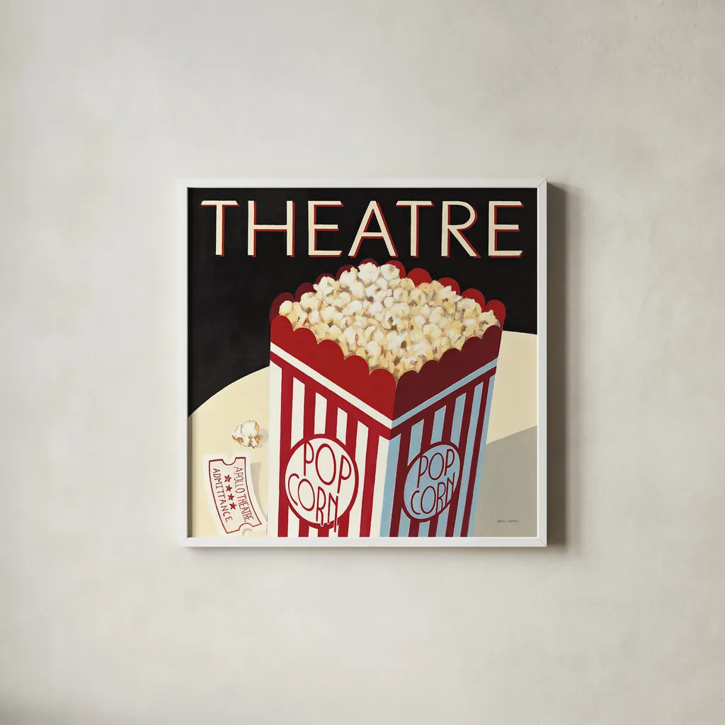Theatre by Marco Fabiano. Shown in a crisp white glass frame for a clean and minimalist style. Available as an archival giclee rolled canvas, fine art paper, or poster print. SKU 12599a.