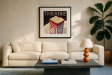 Theatre by Marco Fabiano. Displayed in a glass frame with matte in a clean modern living room. Available as an archival giclee rolled canvas, fine art paper, or poster print. SKU 12599a.