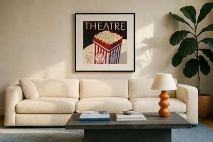 Theatre by Marco Fabiano. Displayed in a glass frame with matte in a clean modern living room. Available as an archival giclee rolled canvas, fine art paper, or poster print. SKU 12599a.