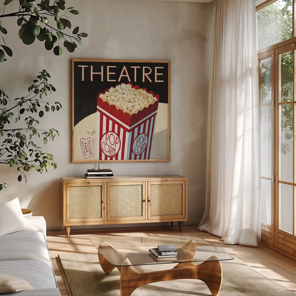 Theatre by Marco Fabiano. Shown in a natural wood frame in a cozy modern living room. Available as an archival giclee rolled canvas, fine art paper, or poster print. SKU 15223a.
