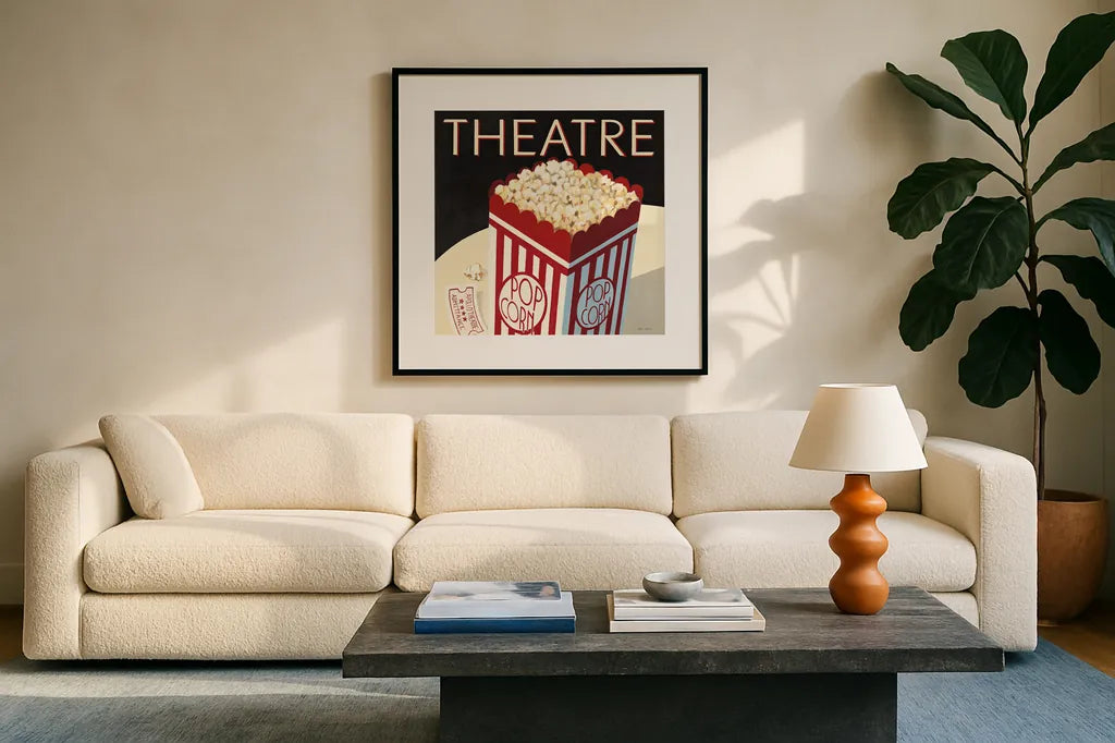 Theatre by Marco Fabiano. Displayed in a glass frame with matte in a clean modern living room. Available as an archival giclee rolled canvas, fine art paper, or poster print. SKU 15223a.