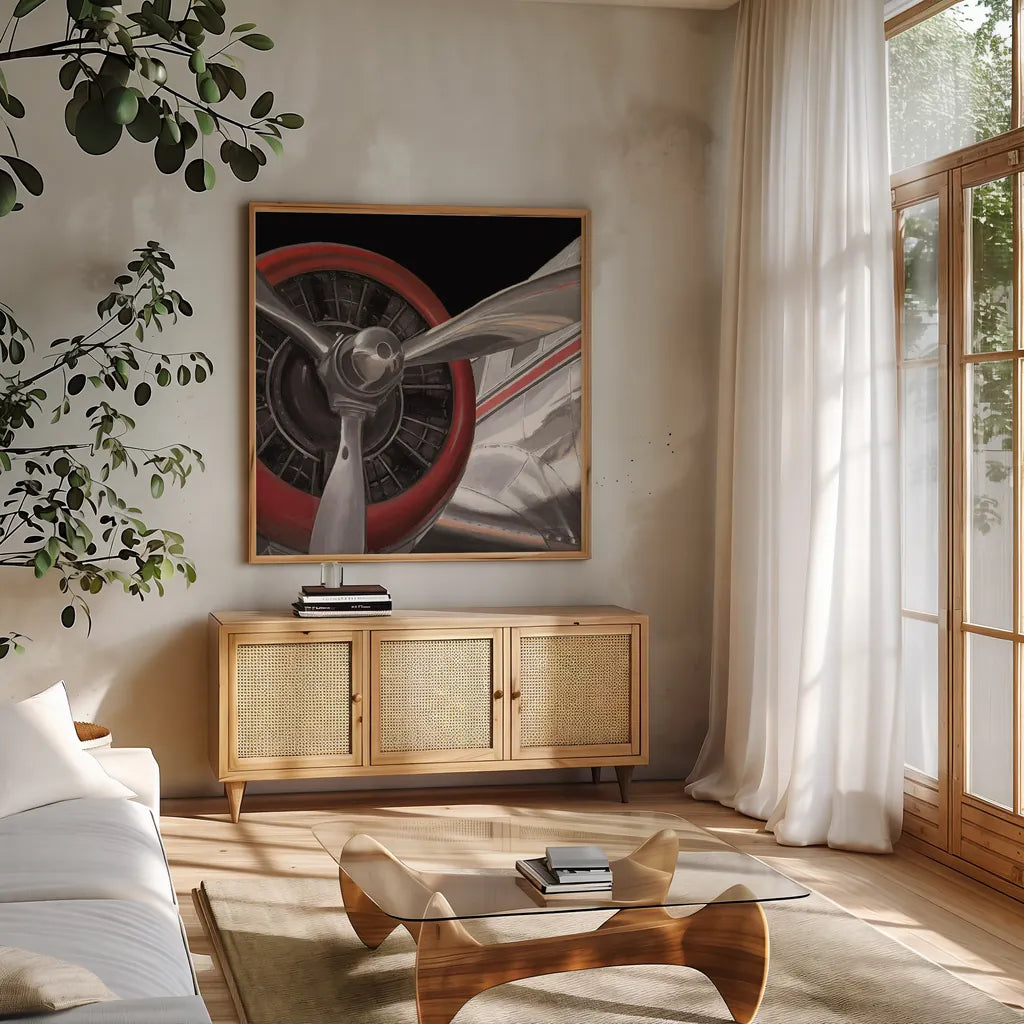 Travel by Air Dark II by Marco Fabiano. Shown in a natural wood frame in a cozy modern living room. Available as an archival giclee rolled canvas, fine art paper, or poster print. SKU 14266a.