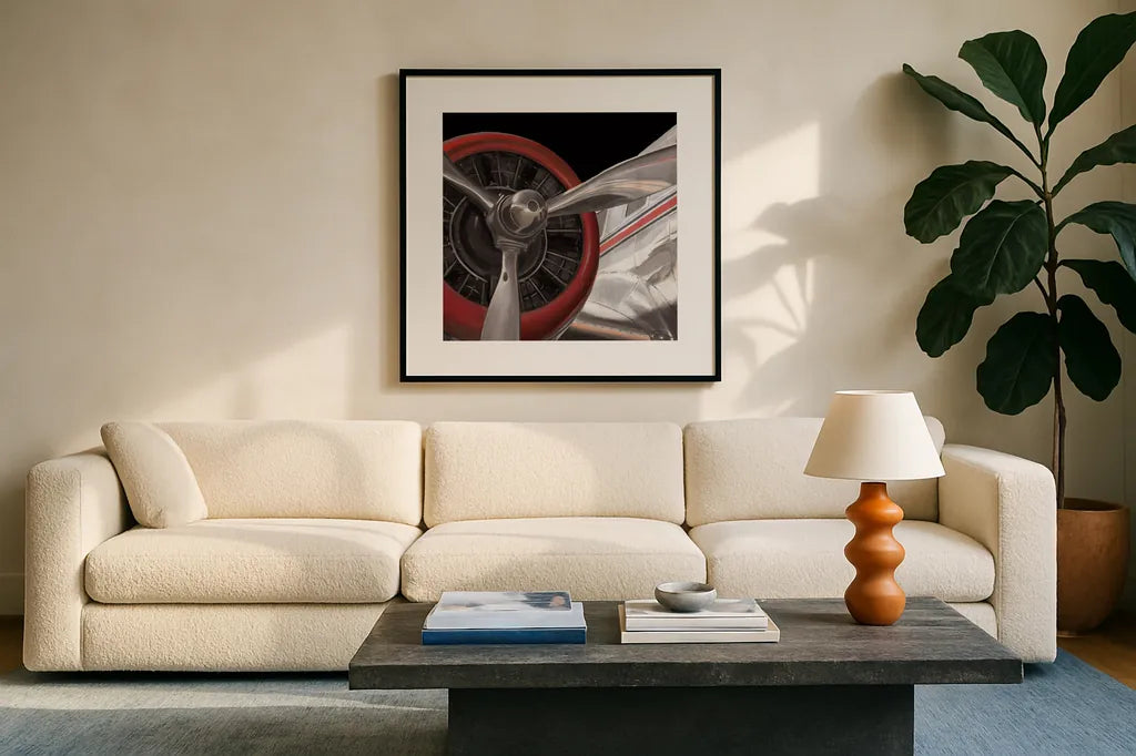 Travel by Air Dark II by Marco Fabiano. Displayed in a glass frame with matte in a clean modern living room. Available as an archival giclee rolled canvas, fine art paper, or poster print. SKU 14266a.