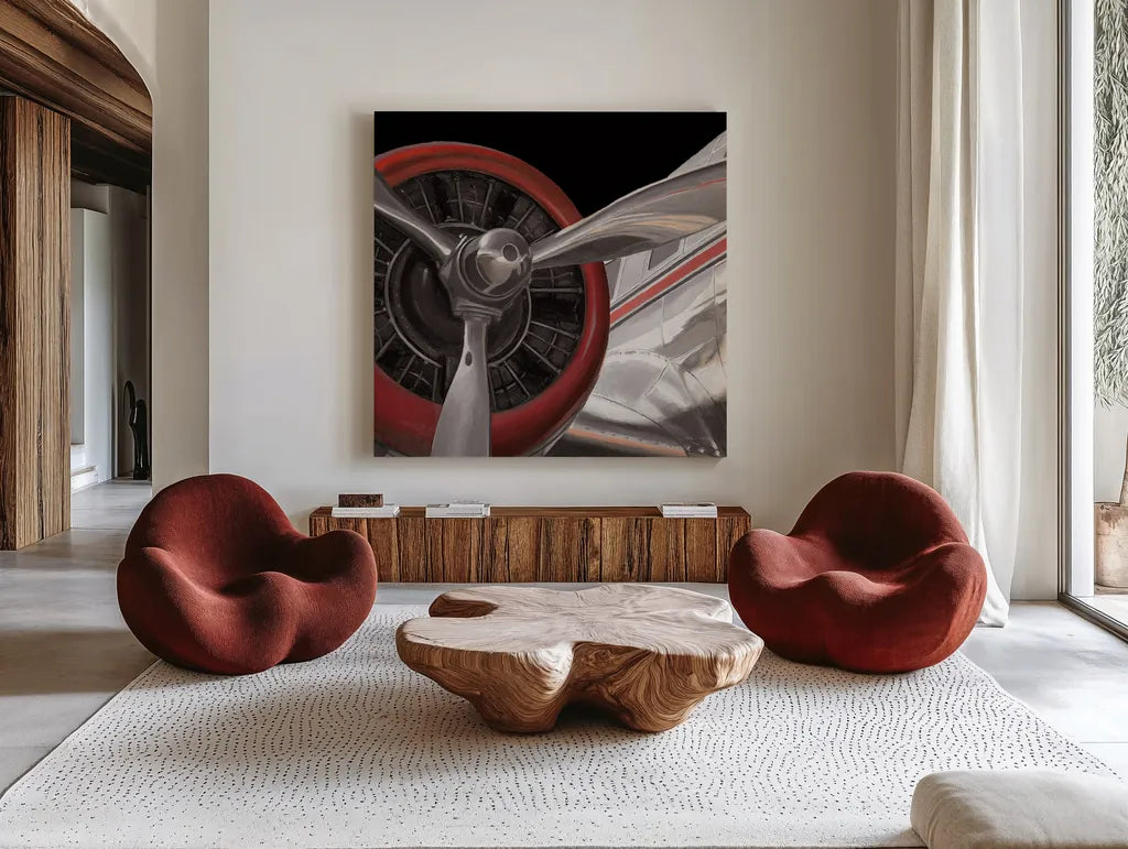 Travel by Air Dark II by Marco Fabiano. Shown as extra-large giant wall art in a modern living room. Available as an archival giclee rolled canvas, fine art paper, or poster print. SKU 14266a.