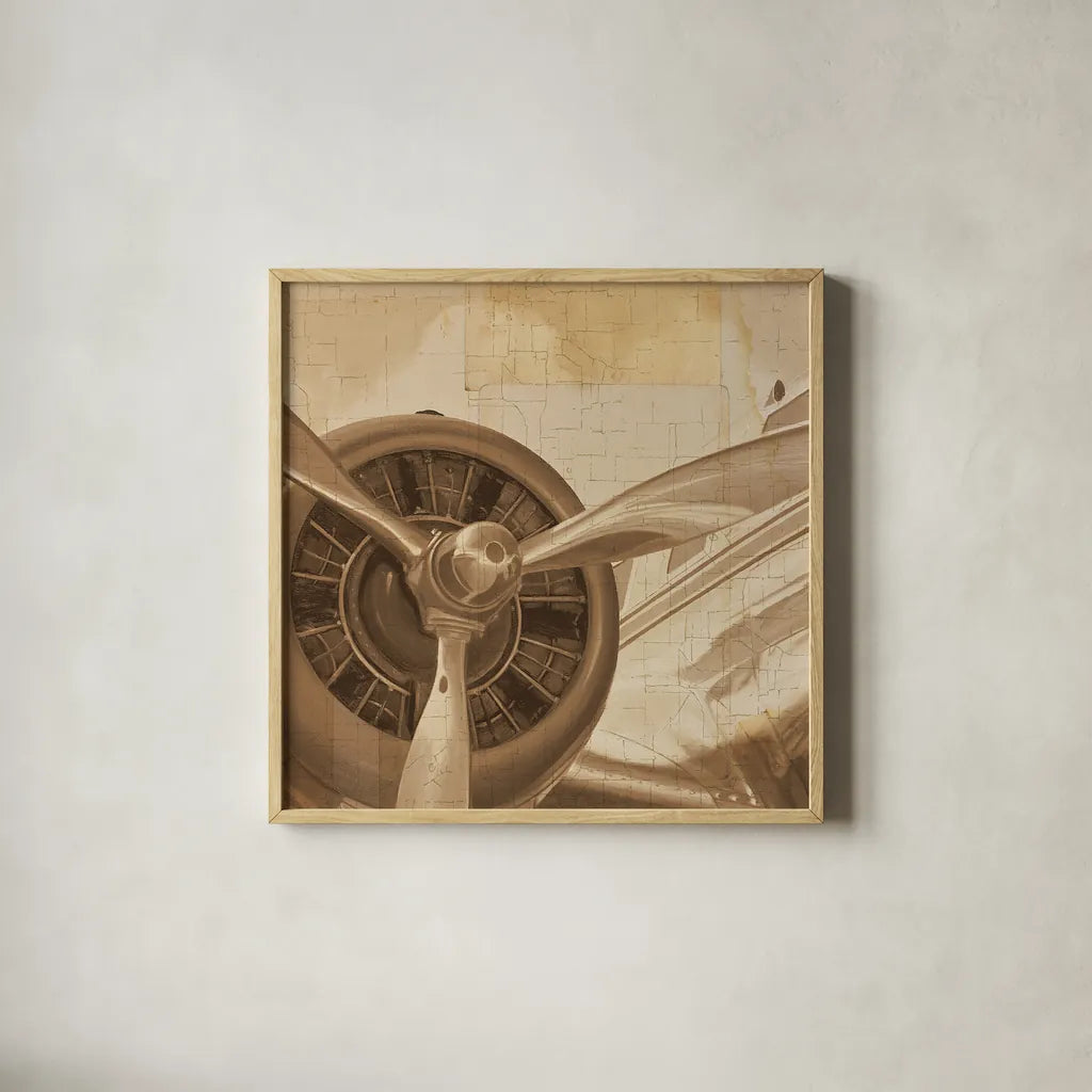 Travel by Air II Sepia No Words by Marco Fabiano. Shown in a natural wood glass frame for a timeless modern aesthetic. Available as an archival giclee rolled canvas, fine art paper, or poster print. SKU 33822a.