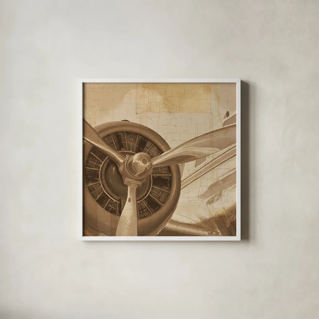 Travel by Air II Sepia No Words by Marco Fabiano. Shown in a crisp white glass frame for a clean and minimalist style. Available as an archival giclee rolled canvas, fine art paper, or poster print. SKU 33822a.