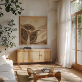 Travel by Air II Sepia No Words by Marco Fabiano. Shown in a natural wood frame in a cozy modern living room. Available as an archival giclee rolled canvas, fine art paper, or poster print. SKU 33822a.
