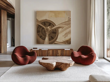 Travel by Air II Sepia No Words by Marco Fabiano. Shown as extra-large giant wall art in a modern living room. Available as an archival giclee rolled canvas, fine art paper, or poster print. SKU 33822a.