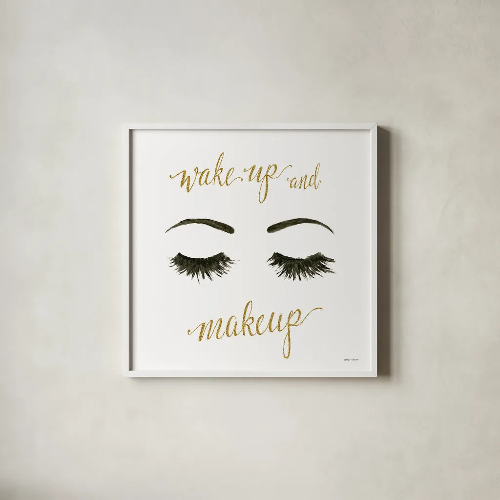 Wake Up and Make Up I by Marco Fabiano. Shown in a crisp white glass frame for a clean and minimalist style. Available as an archival giclee rolled canvas, fine art paper, or poster print. SKU 46222a.