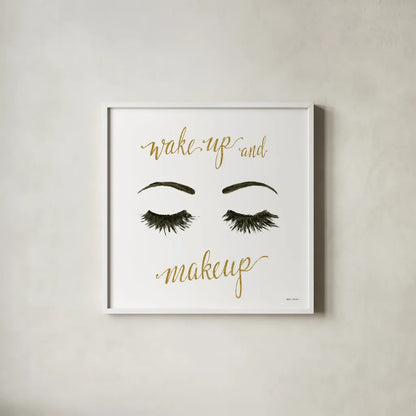 Wake Up and Make Up I by Marco Fabiano. Shown in a crisp white glass frame for a clean and minimalist style. Available as an archival giclee rolled canvas, fine art paper, or poster print. SKU 46222a.