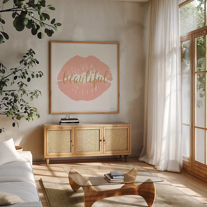 Wake Up and Make Up IV by Marco Fabiano. Shown in a natural wood frame in a cozy modern living room. Available as an archival giclee rolled canvas, fine art paper, or poster print. SKU 46225a.