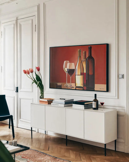 Wine Trio by Marco Fabiano. shown as a framed stretched canvas in a living room above a console. Available as a archival giclee rolled canvas, fine art paper, or poster print. SKU 11842i.