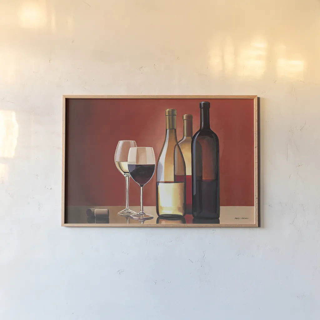 Wine Trio by Marco Fabiano. shown as a paper print in a natural frame. Available as a archival giclee rolled canvas, fine art paper, or poster print. SKU 11842i.
