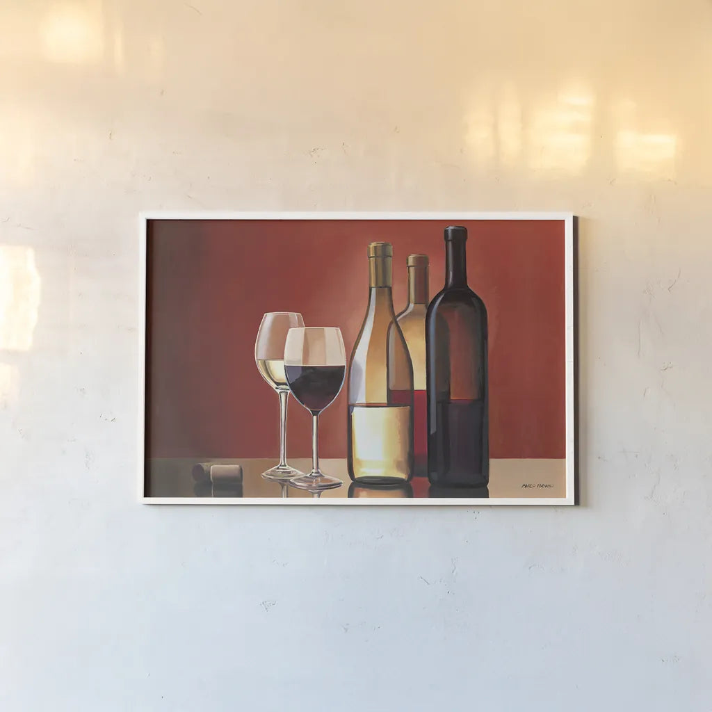 Wine Trio by Marco Fabiano. shown as a paper print in a white frame. Available as a archival giclee rolled canvas, fine art paper, or poster print. SKU 11842i.