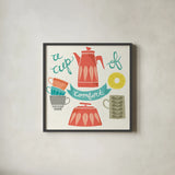 A Cup of Comfort by Mary Urban. Shown in a sleek black glass frame for a contemporary gallery look. Available as an archival giclee rolled canvas, fine art paper, or poster print. SKU 25574a.