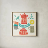 A Cup of Comfort by Mary Urban. Shown in a natural wood glass frame for a timeless modern aesthetic. Available as an archival giclee rolled canvas, fine art paper, or poster print. SKU 25574a.