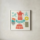 A Cup of Comfort by Mary Urban. Shown in a crisp white glass frame for a clean and minimalist style. Available as an archival giclee rolled canvas, fine art paper, or poster print. SKU 25574a.