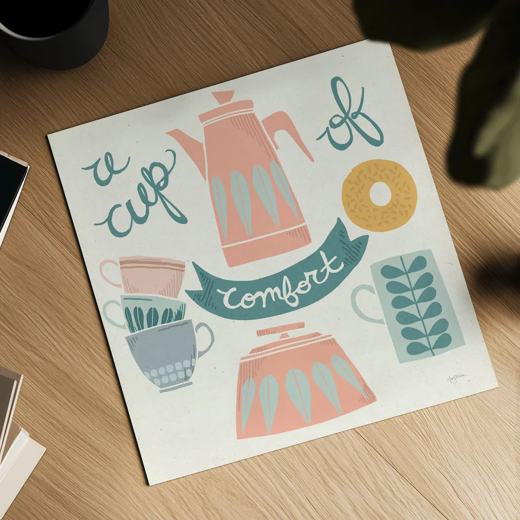 A Cup of Comfort Pastel by Mary Urban. Shown as a detailed flat fine art print, highlighting archival giclee quality. Available as an archival giclee rolled canvas, fine art paper, or poster print. SKU 56991a.