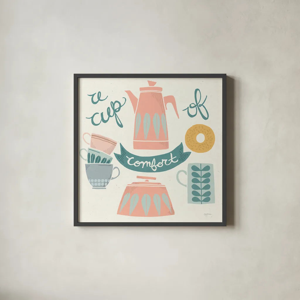 A Cup of Comfort Pastel by Mary Urban. Shown in a sleek black glass frame for a contemporary gallery look. Available as an archival giclee rolled canvas, fine art paper, or poster print. SKU 56991a.