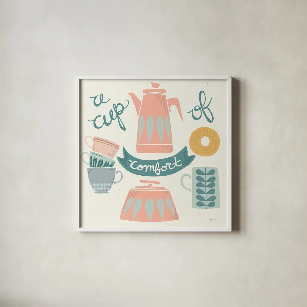 A Cup of Comfort Pastel by Mary Urban. Shown in a crisp white glass frame for a clean and minimalist style. Available as an archival giclee rolled canvas, fine art paper, or poster print. SKU 56991a.