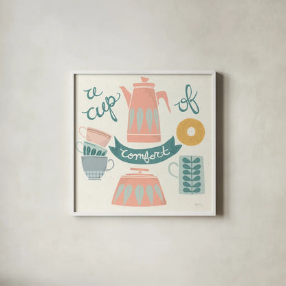 A Cup of Comfort Pastel by Mary Urban. Shown in a crisp white glass frame for a clean and minimalist style. Available as an archival giclee rolled canvas, fine art paper, or poster print. SKU 56991a.