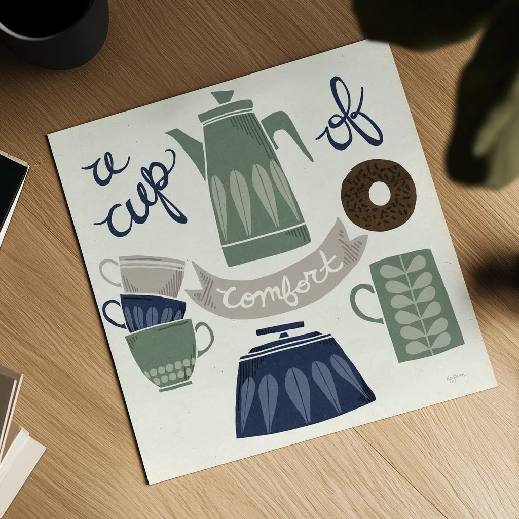 A Cup of Comfort Winter by Mary Urban. Shown as a detailed flat fine art print, highlighting archival giclee quality. Available as an archival giclee rolled canvas, fine art paper, or poster print. SKU 62316a.