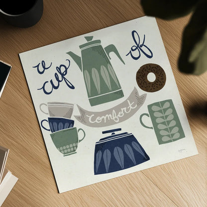 A Cup of Comfort Winter by Mary Urban. Shown as a detailed flat fine art print, highlighting archival giclee quality. Available as an archival giclee rolled canvas, fine art paper, or poster print. SKU 62316a.