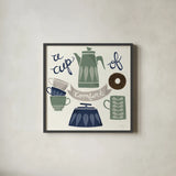 A Cup of Comfort Winter by Mary Urban. Shown in a sleek black glass frame for a contemporary gallery look. Available as an archival giclee rolled canvas, fine art paper, or poster print. SKU 62316a.