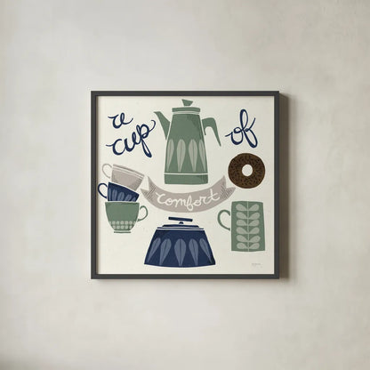 A Cup of Comfort Winter by Mary Urban. Shown in a sleek black glass frame for a contemporary gallery look. Available as an archival giclee rolled canvas, fine art paper, or poster print. SKU 62316a.