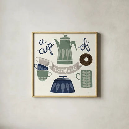 A Cup of Comfort Winter by Mary Urban. Shown in a natural wood glass frame for a timeless modern aesthetic. Available as an archival giclee rolled canvas, fine art paper, or poster print. SKU 62316a.