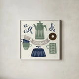 A Cup of Comfort Winter by Mary Urban. Shown in a crisp white glass frame for a clean and minimalist style. Available as an archival giclee rolled canvas, fine art paper, or poster print. SKU 62316a.