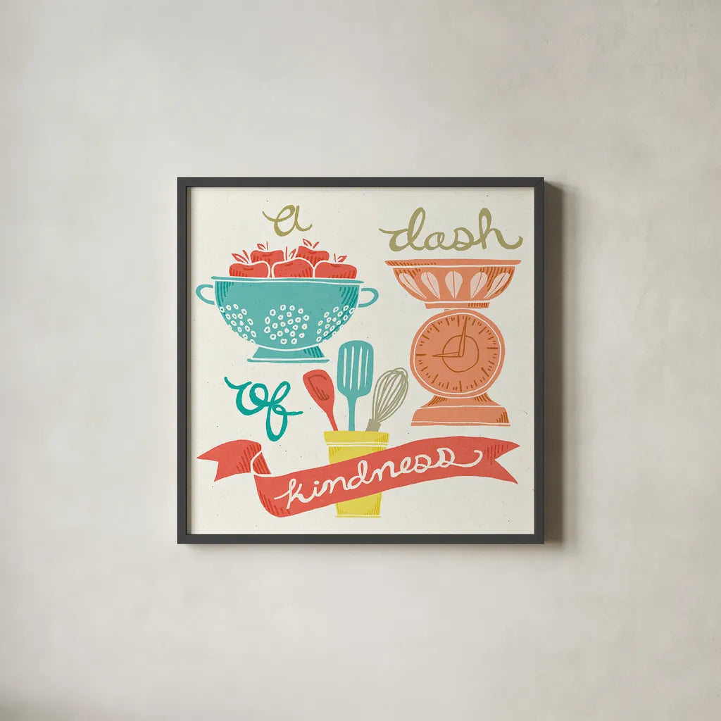 A Dash of Kindness by Mary Urban. Shown in a sleek black glass frame for a contemporary gallery look. Available as an archival giclee rolled canvas, fine art paper, or poster print. SKU 25575a.
