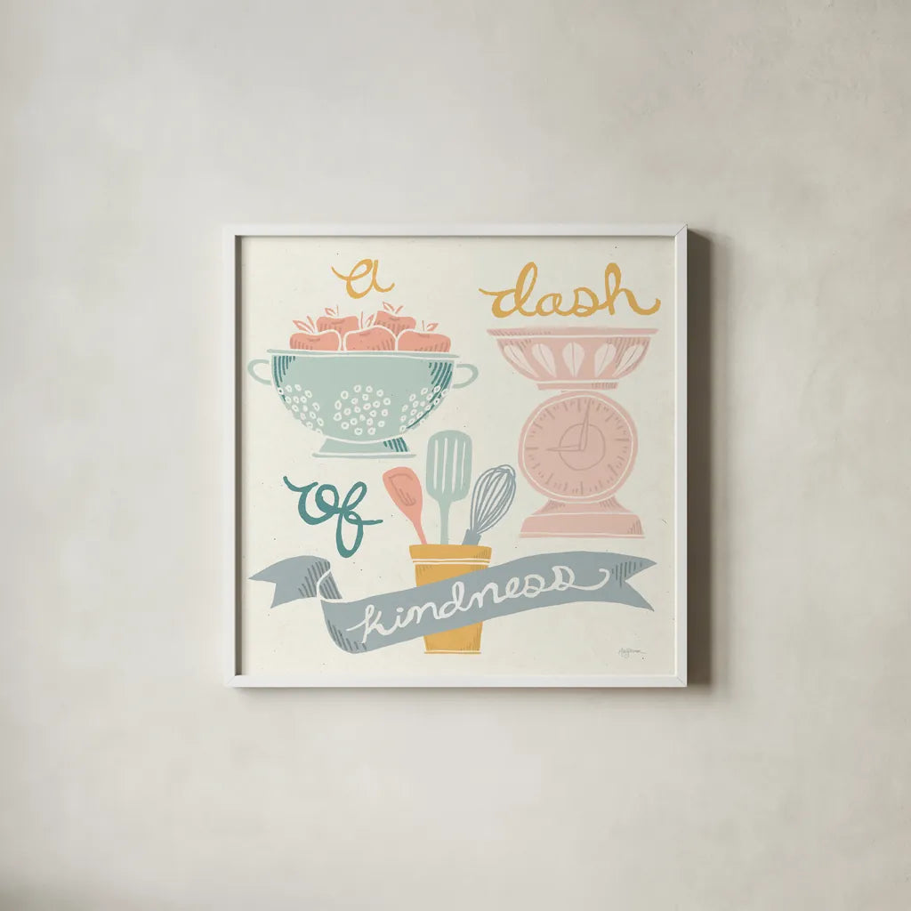 A Dash of Kindness Pastel by Mary Urban. Shown in a crisp white glass frame for a clean and minimalist style. Available as an archival giclee rolled canvas, fine art paper, or poster print. SKU 56992a.