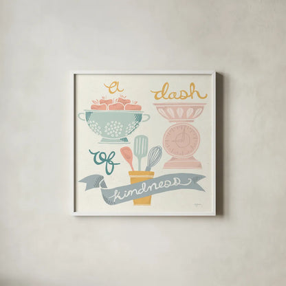 A Dash of Kindness Pastel by Mary Urban. Shown in a crisp white glass frame for a clean and minimalist style. Available as an archival giclee rolled canvas, fine art paper, or poster print. SKU 56992a.