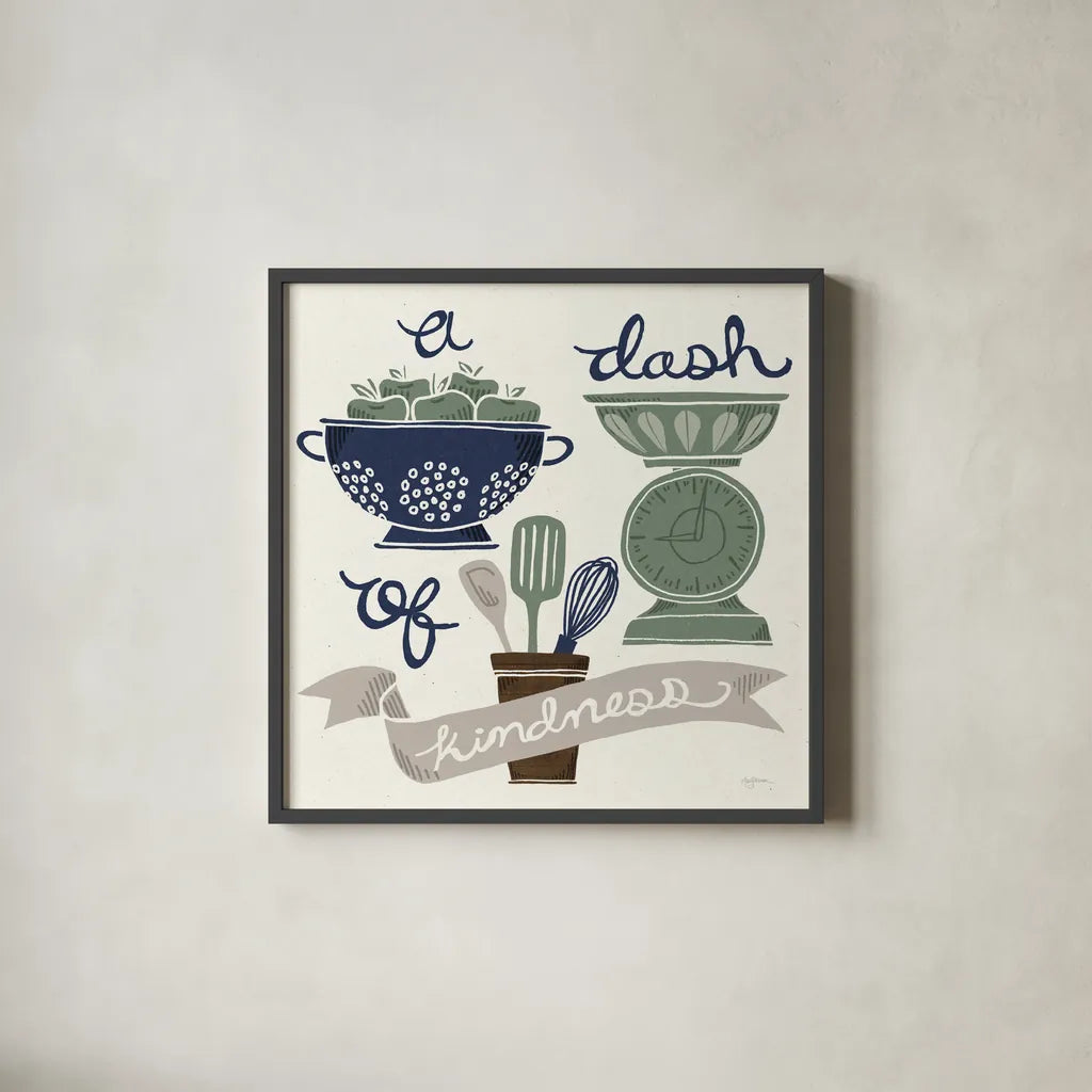 A Dash of Kindness Winter by Mary Urban. Shown in a sleek black glass frame for a contemporary gallery look. Available as an archival giclee rolled canvas, fine art paper, or poster print. SKU 62317a.