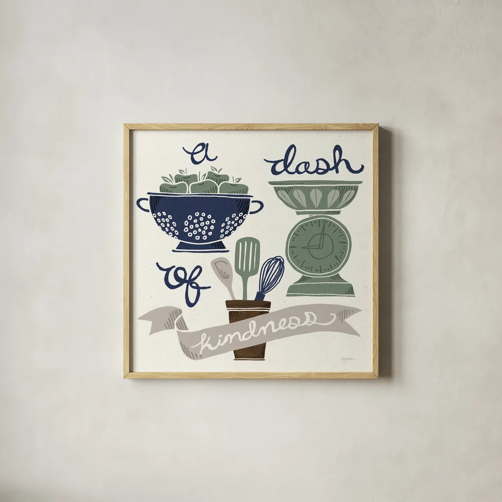 A Dash of Kindness Winter by Mary Urban. Shown in a natural wood glass frame for a timeless modern aesthetic. Available as an archival giclee rolled canvas, fine art paper, or poster print. SKU 62317a.