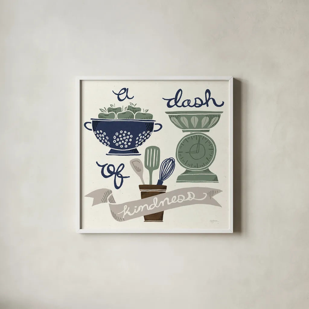 A Dash of Kindness Winter by Mary Urban. Shown in a crisp white glass frame for a clean and minimalist style. Available as an archival giclee rolled canvas, fine art paper, or poster print. SKU 62317a.